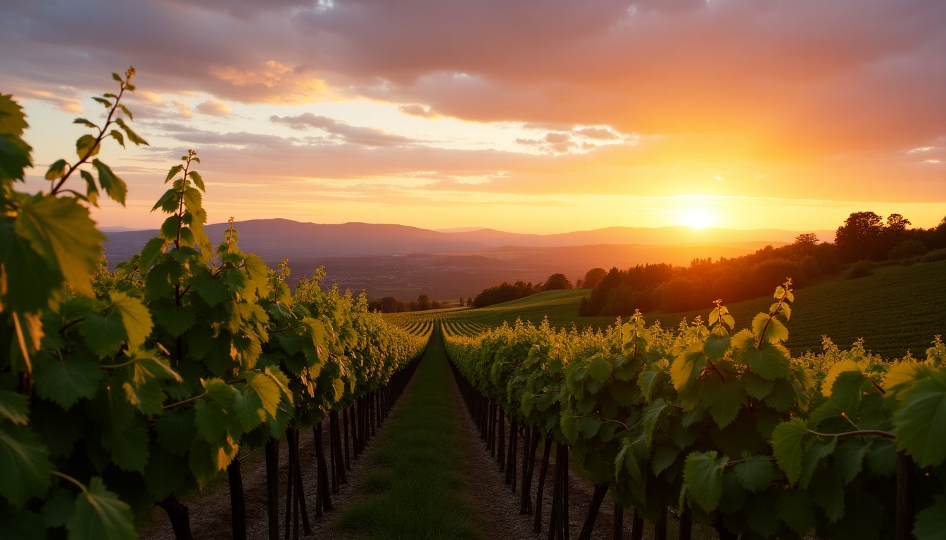 A vineyard with grapevines stretching towards a sunset, representing Jackson Family Wines.