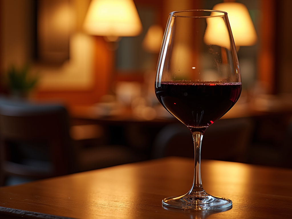 Glass of red wine on a wooden table