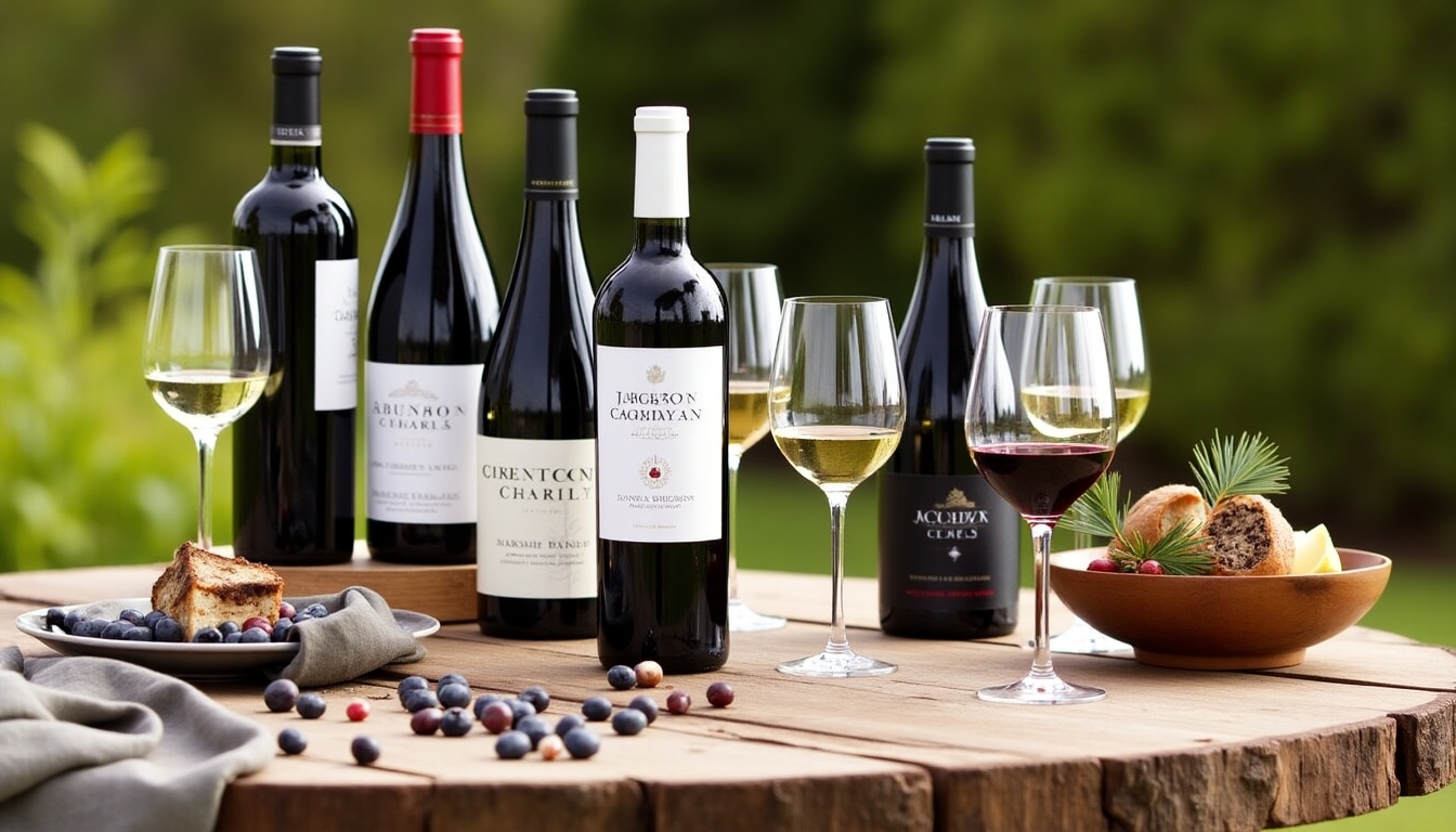 A wine tasting setup with assorted Jackson Family Wines bottles and glasses, inviting setup on a rustic table.