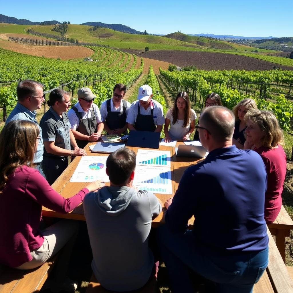 Jackson Family Wines team discussing sustainability strategies in a vineyard
