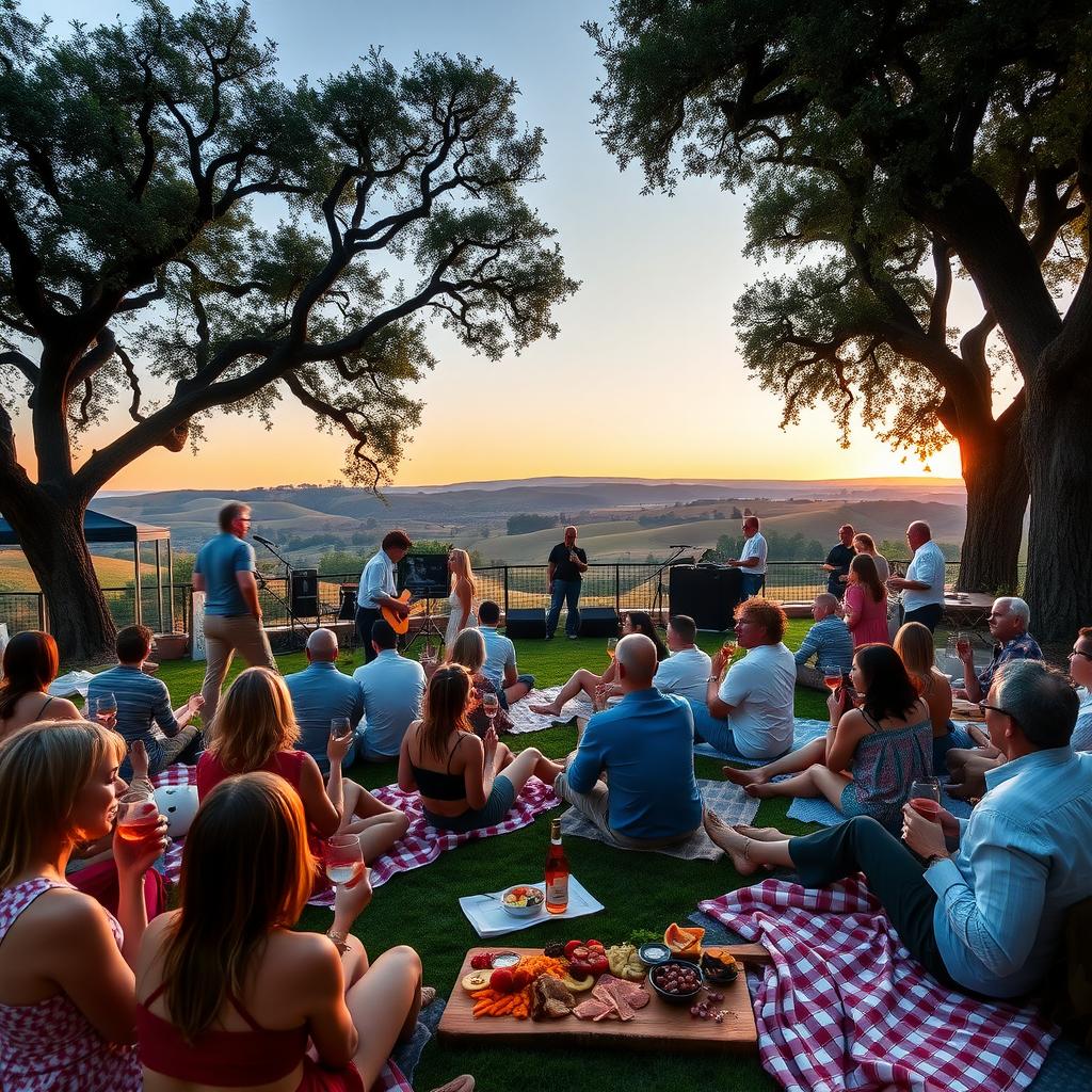 Guests enjoying The Mix at Beringer with rosé, charcuterie, and live music under a sunset in Napa Valley.