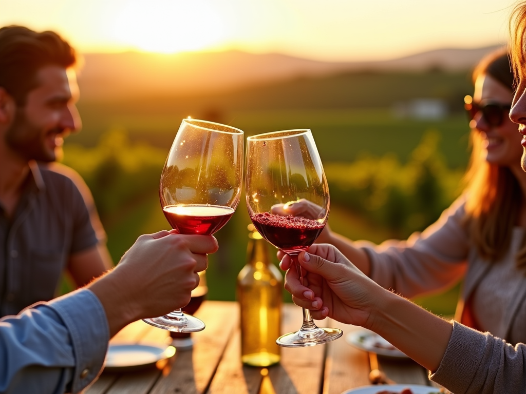Friends toasting with wine in a vineyard setting