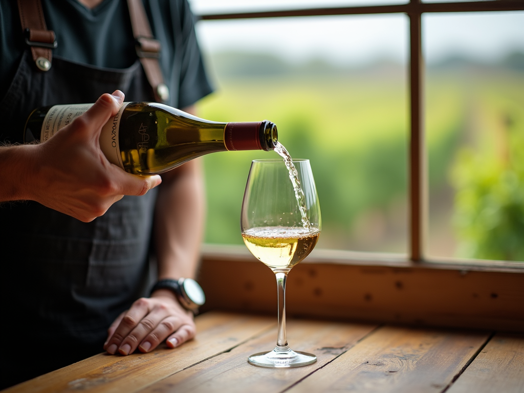Winemaker pouring Chardonnay with vineyard view