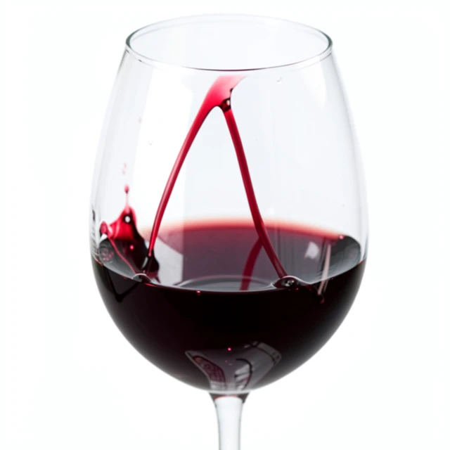 Close-up of red wine being swirled in a glass, displaying wine legs.