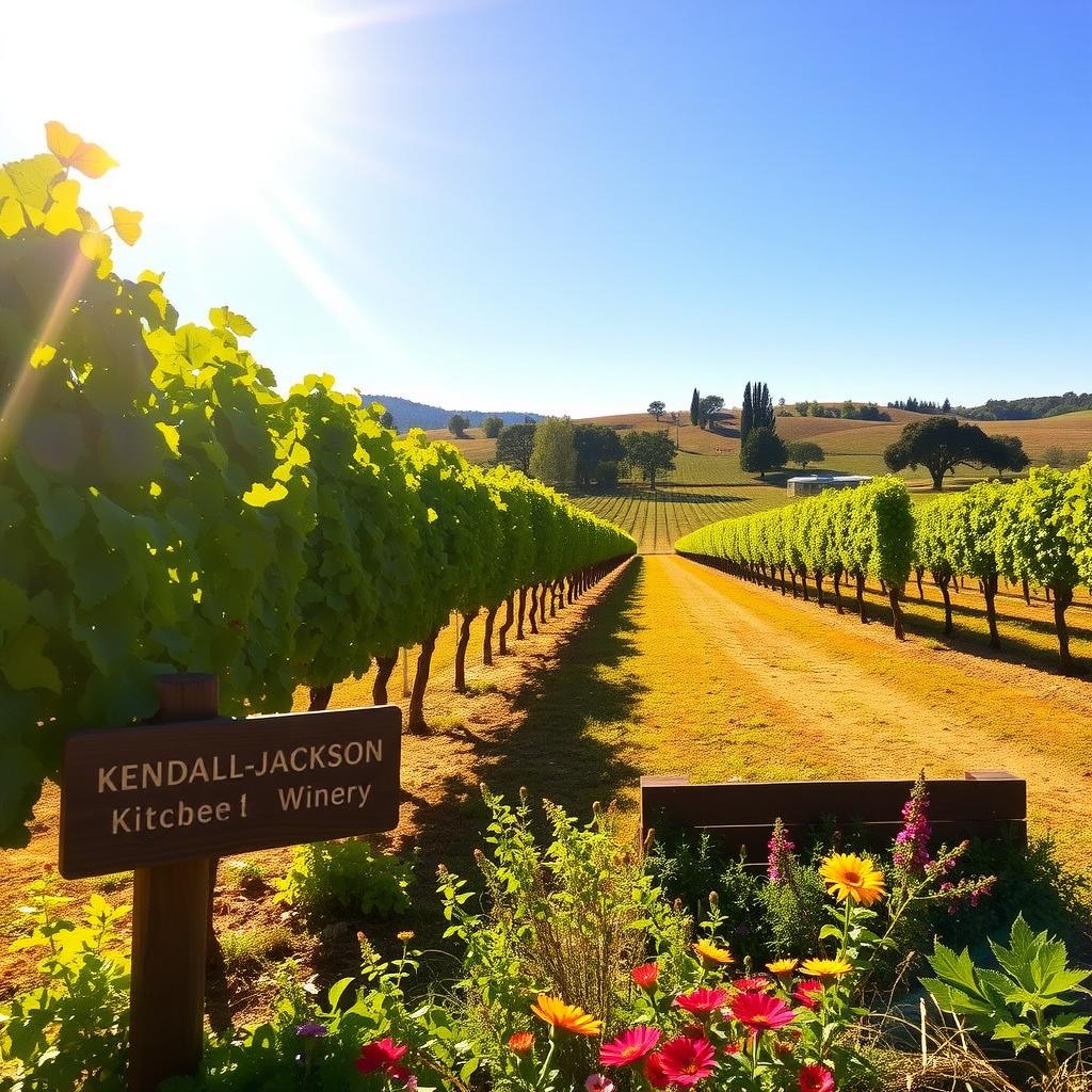 Sunlit rows of grapevines at Kendall-Jackson Winery in Sonoma County, California, with a rustic sign and wildflowers in the foreground.