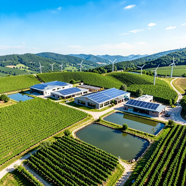 Aerial view of a leading sustainable winery estate with green innovations