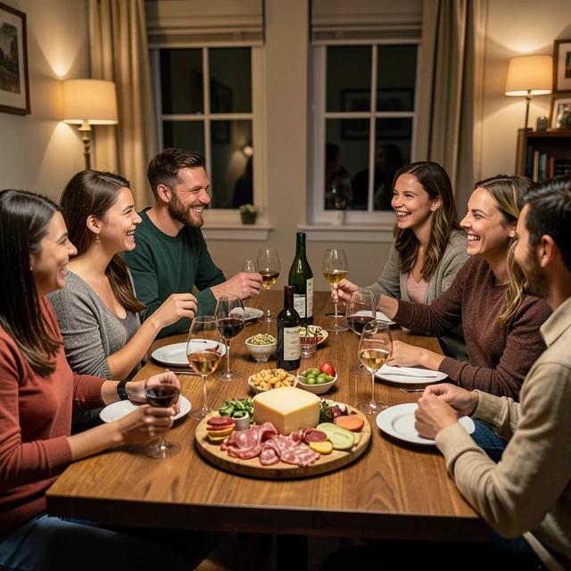 Friends enjoying a fun wine tasting party with food pairings