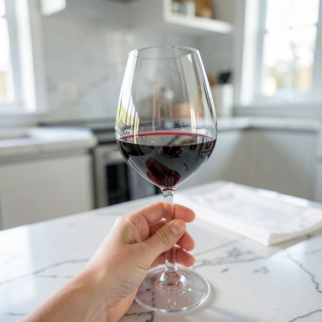 Beginner learning to swirl red wine during a tasting session