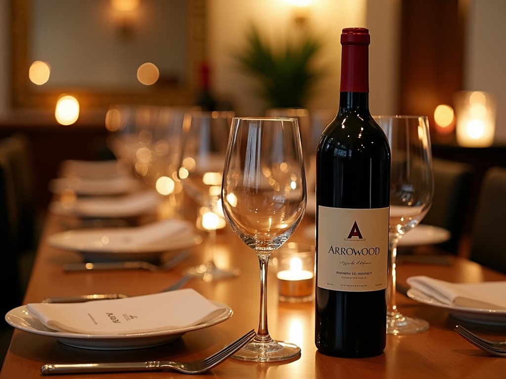 A dinner table set for a meal with wine glasses and plates, featuring a bottle of Arrowood Cabernet Sauvignon from Jackson Family Wines, showcasing a personal wine and dining pairing experience.