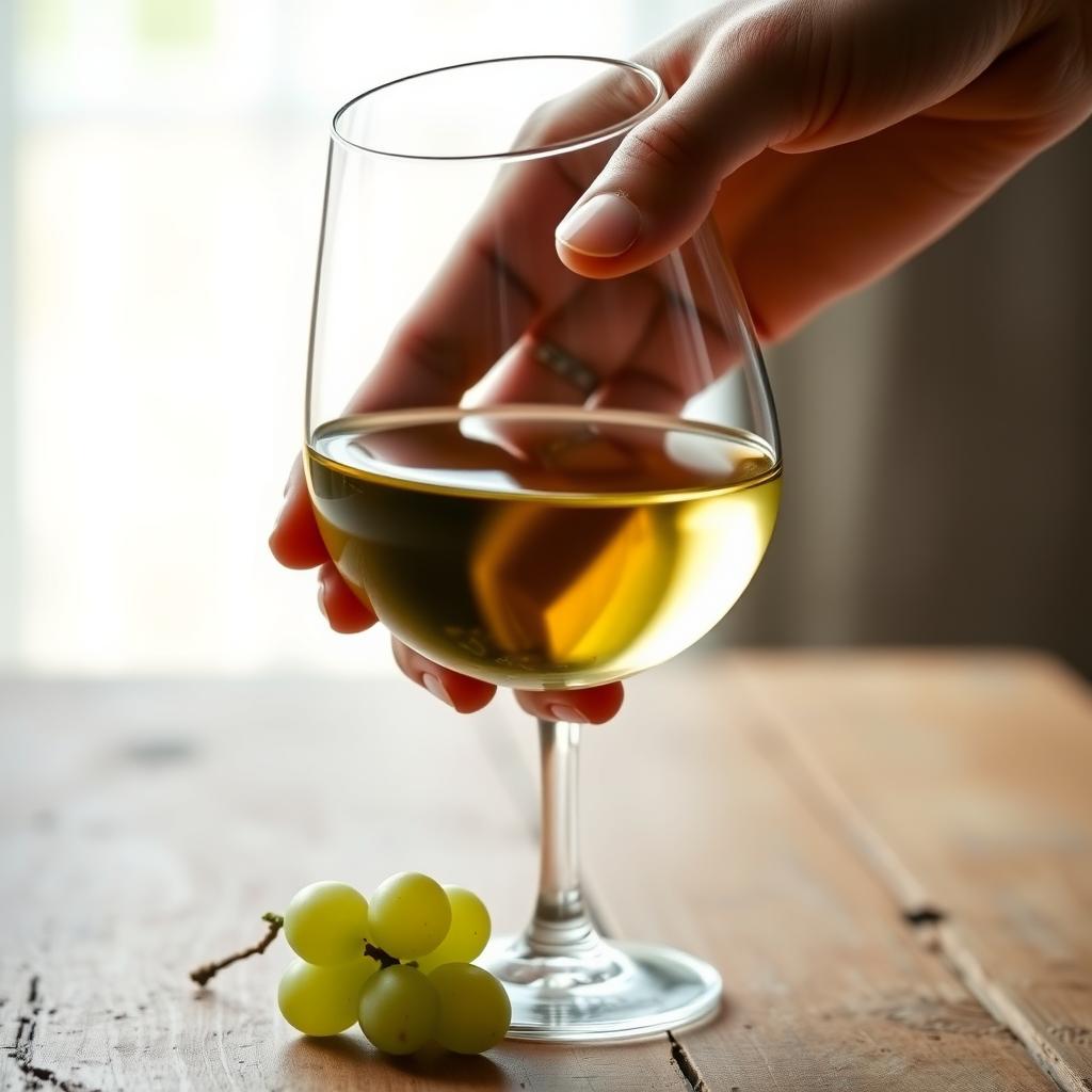 A hand tilts a glass of white wine, revealing its clarity against a rustic wooden table with a green grape.