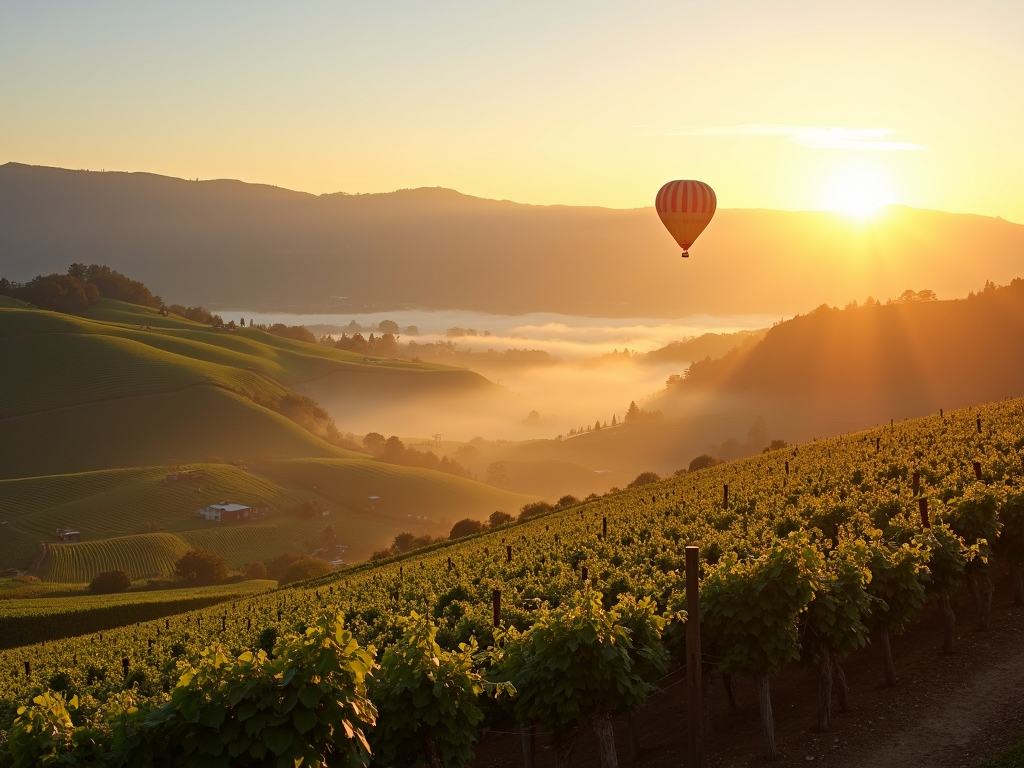 Napa Valley vineyards at sunrise with hot air balloon