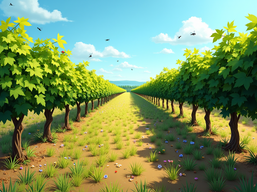 Organic vineyard with wildflowers and biodiversity