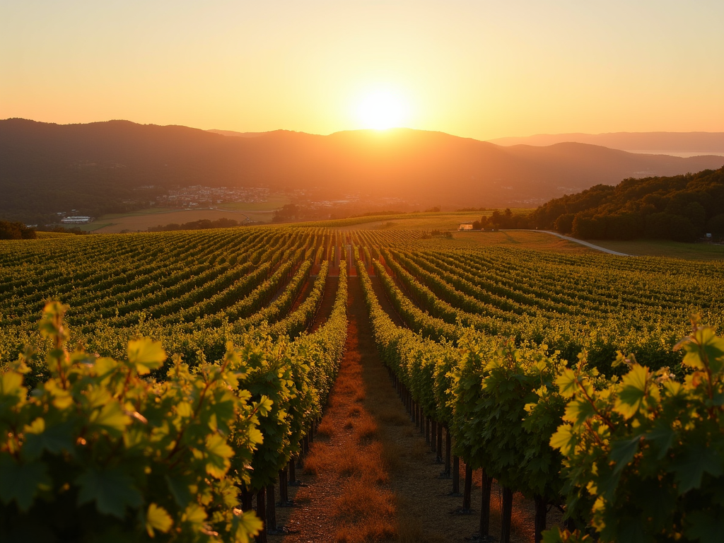 Beringer vineyards at sunrise, with golden light shining on the grapevines.