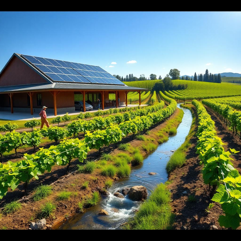 Modern winery with solar panels and workers planting cover crops in a sustainable vineyard.