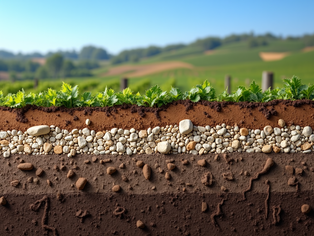 Vineyard soil cross-section showing clay, limestone, and gravel layers
