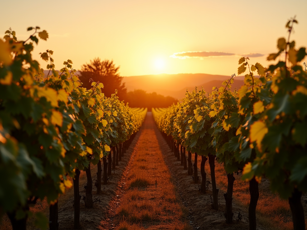Pinot Noir vineyard at sunset
