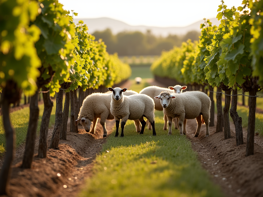 Sheep peacefully grazing in a vineyard, surrounded by grapevines.