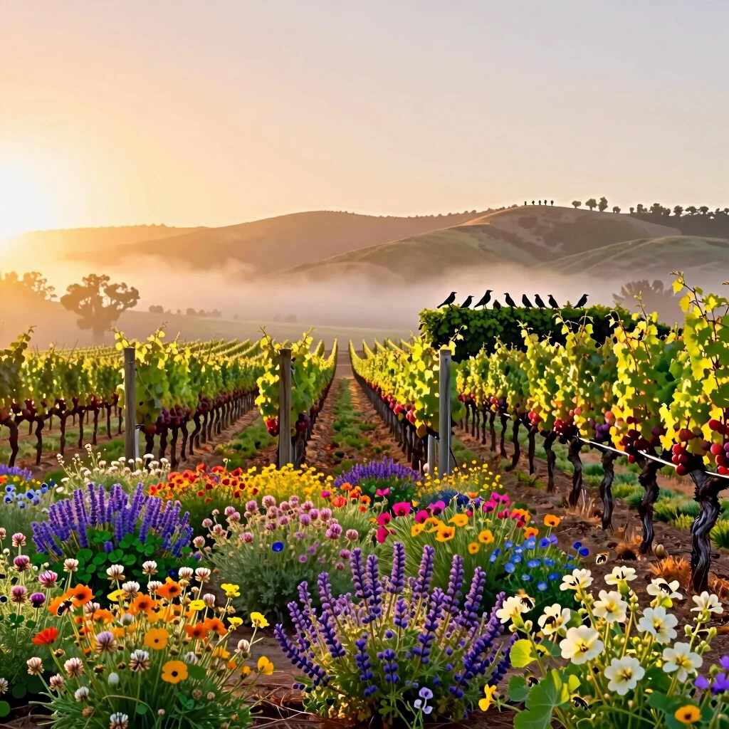Diverse vineyard ecosystem highlighting the role of biodiversity in sustainable viticulture