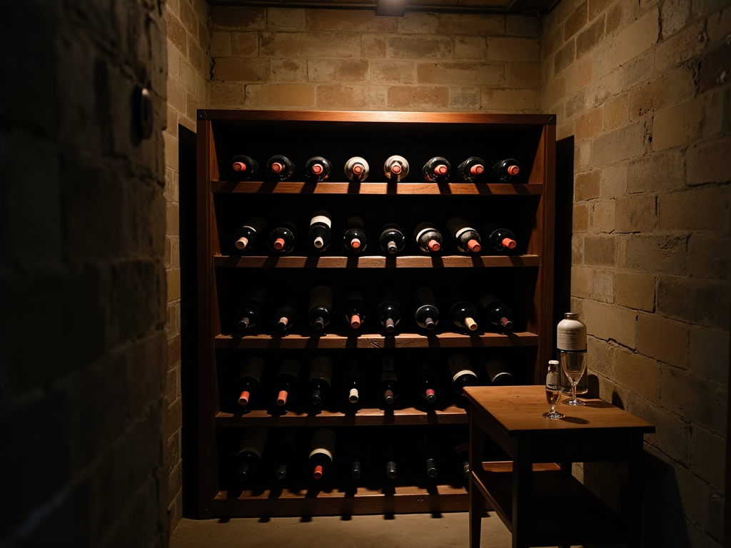 Wine bottles stored neatly in a basement rack beside a glass.