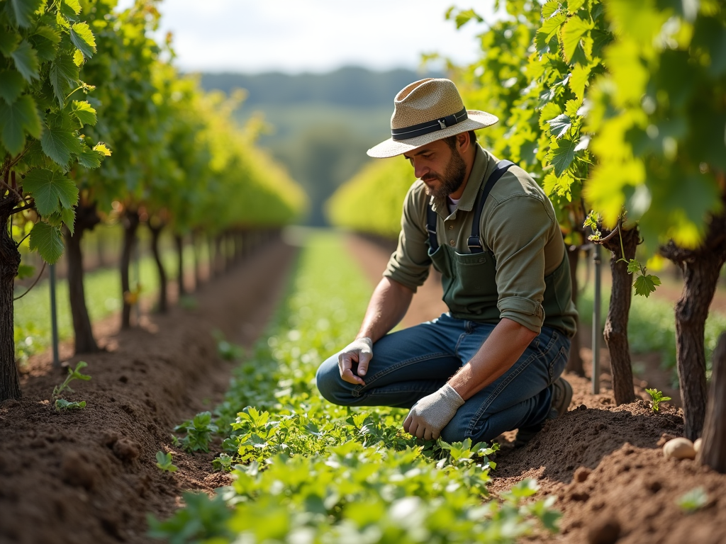Farmer checking soil in organic vineyard