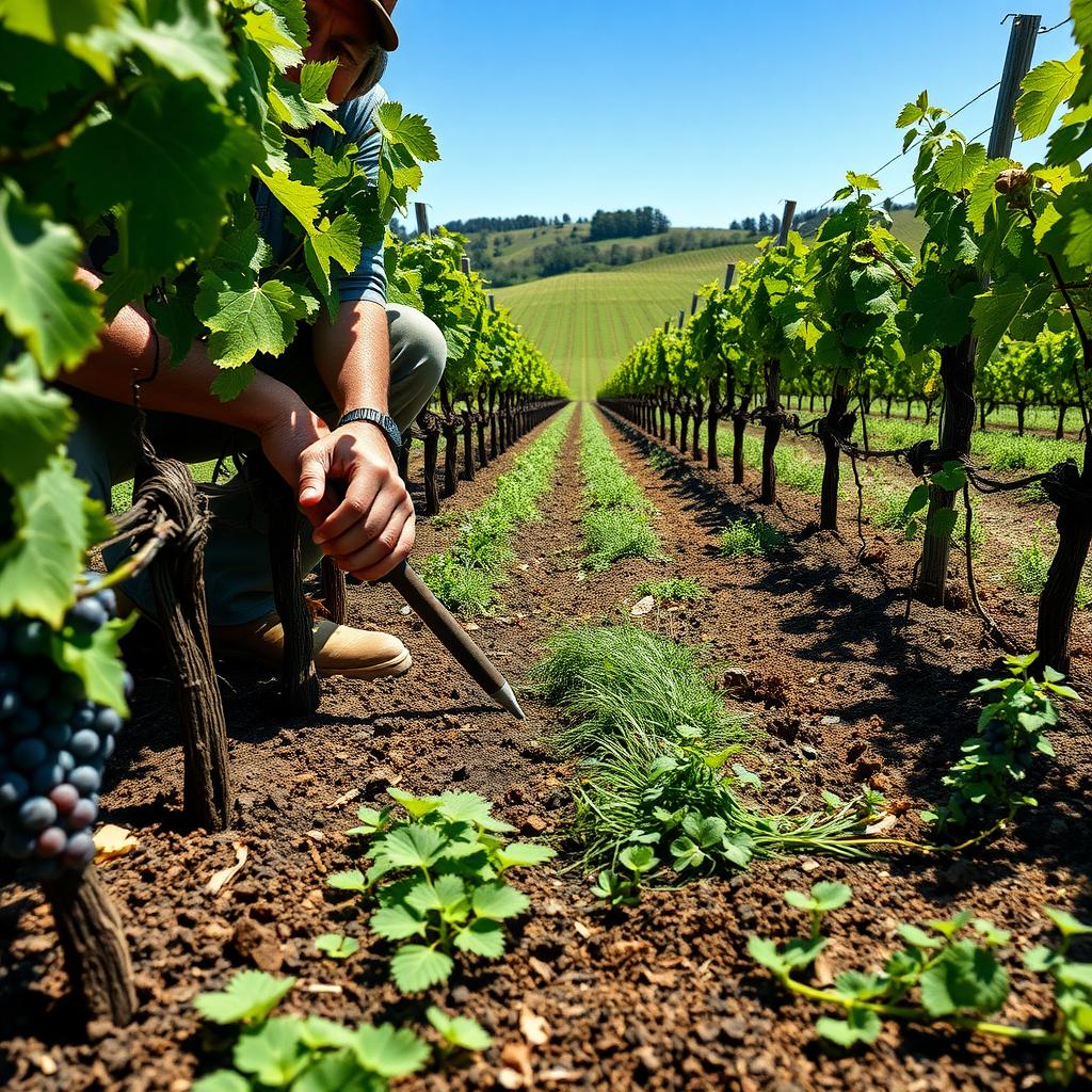 A vineyard worker examines soil with cover crops among grapevines, with rolling hills in the background.