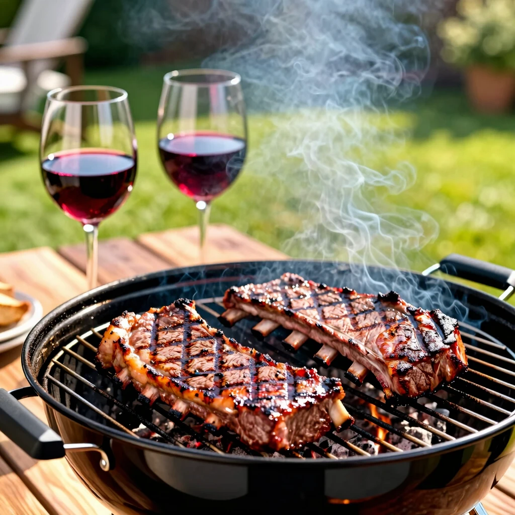 Grilled BBQ ribs and steaks with glasses of red wine on a backyard table