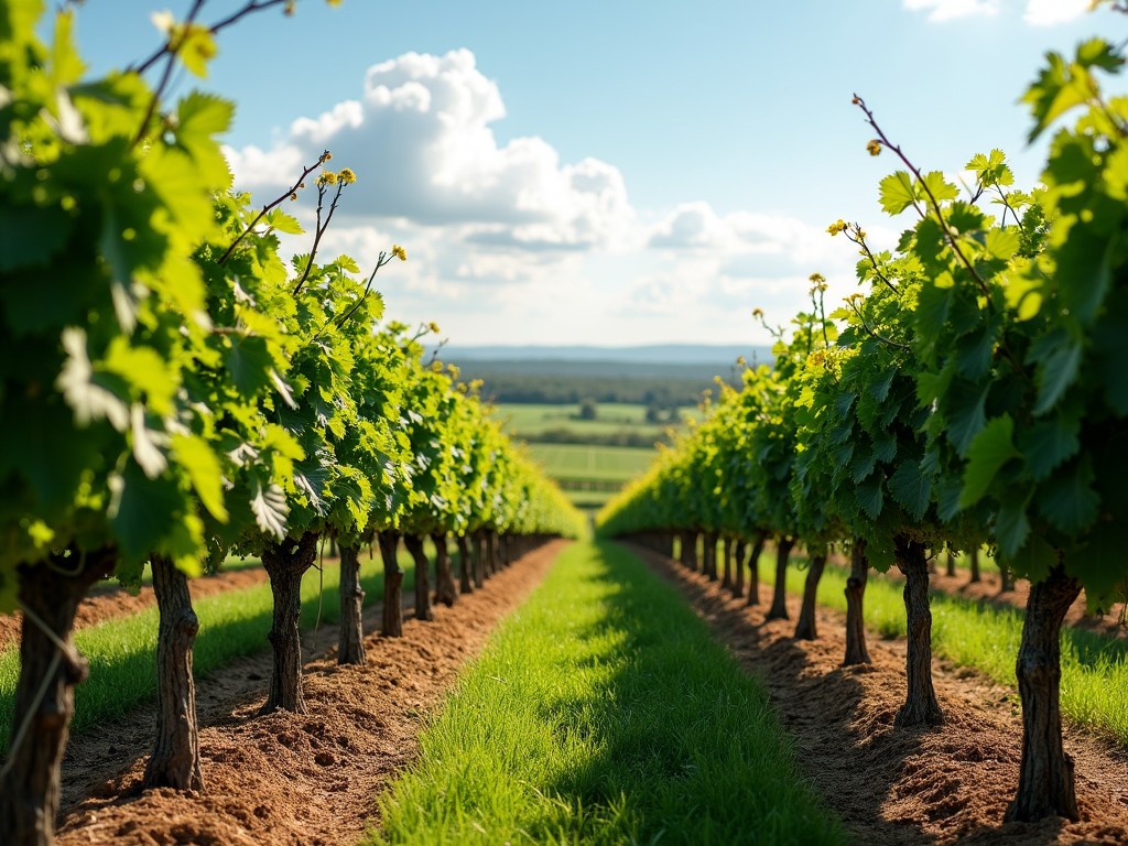 A picturesque vineyard with rows of grapevines under a clear blue sky, conveying a sense of tranquility and abundance.
