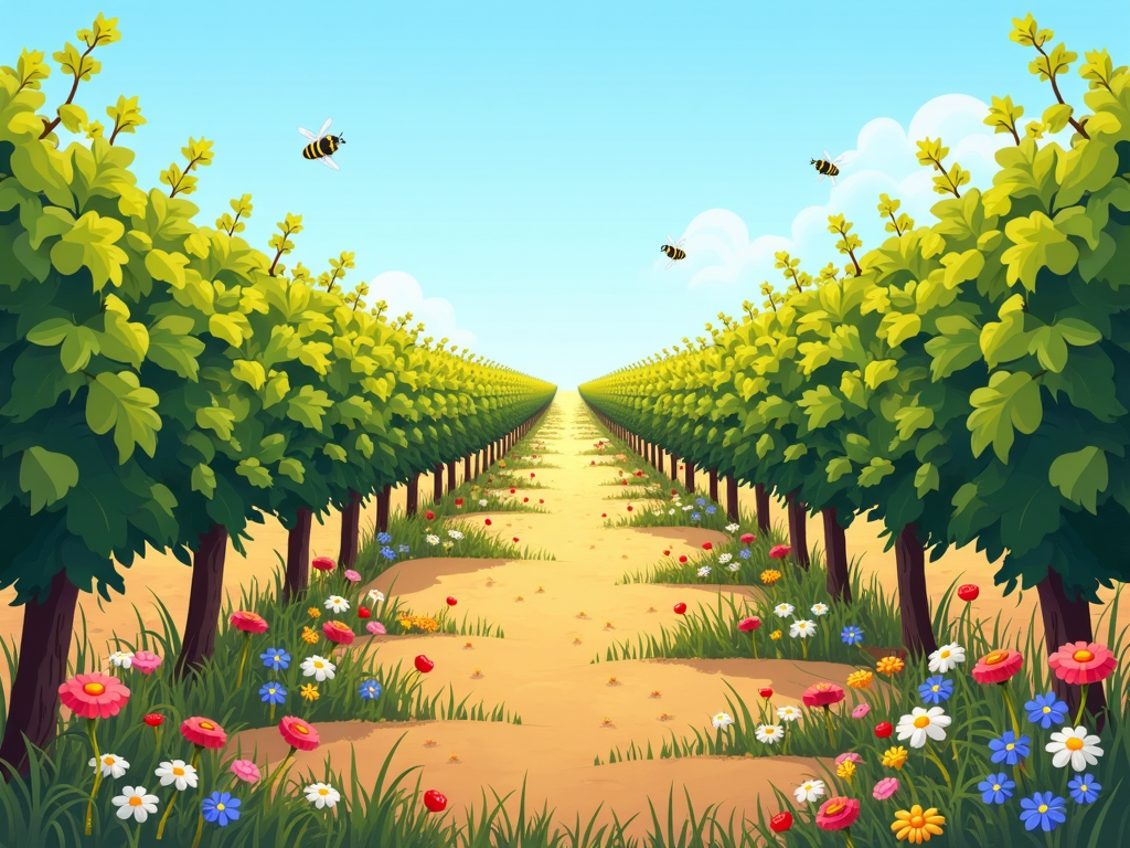 Wildflowers and bees in vineyard