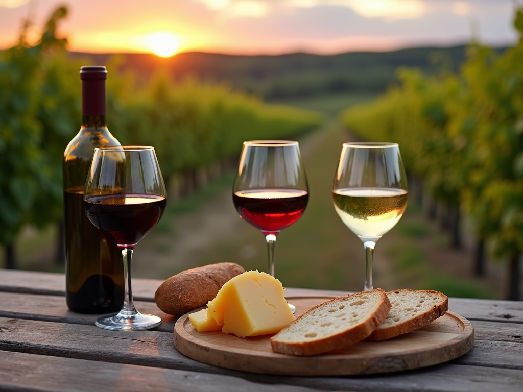 Wine tasting setup with vineyard view