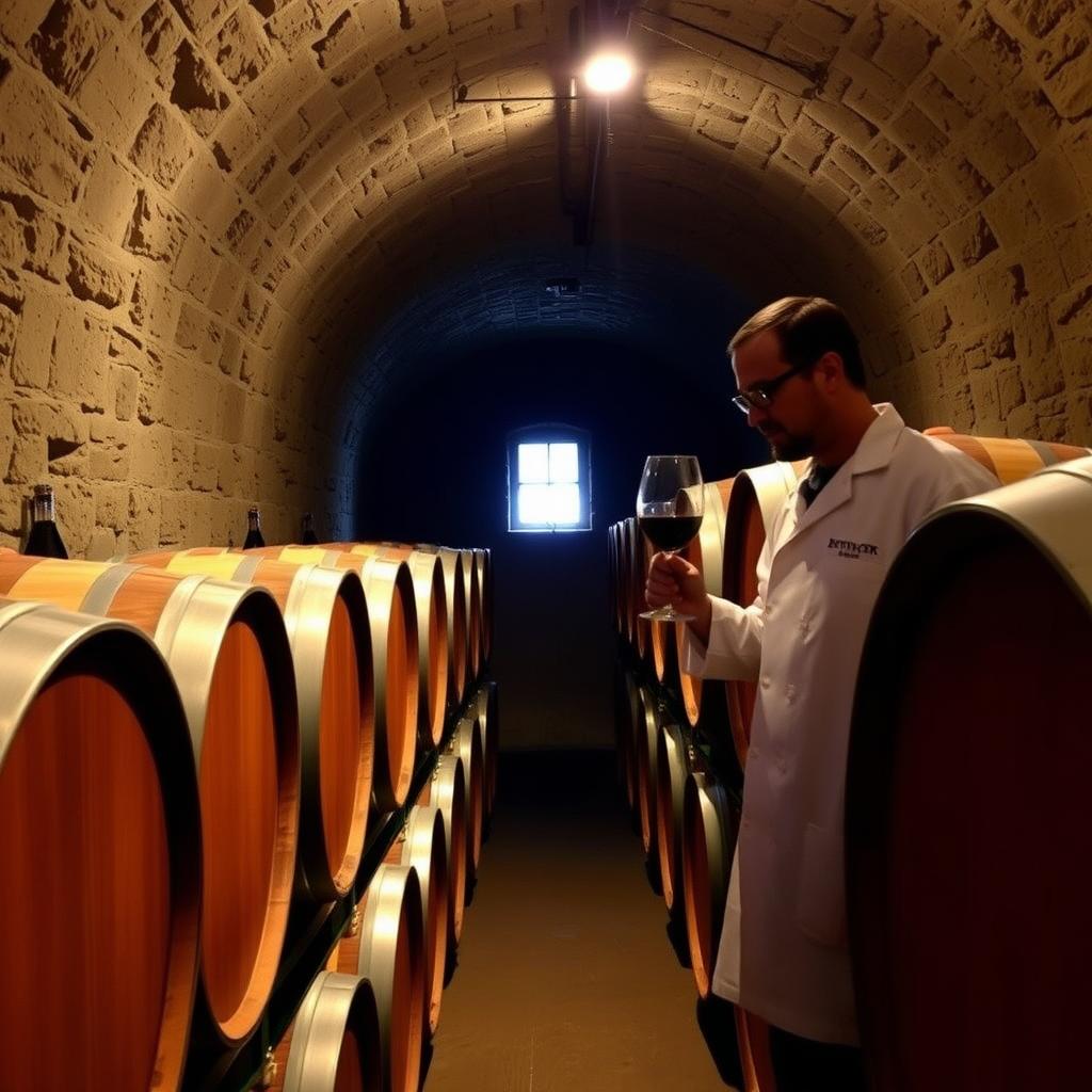 Beringer’s stone cellar with oak barrels and a winemaker inspecting wine
