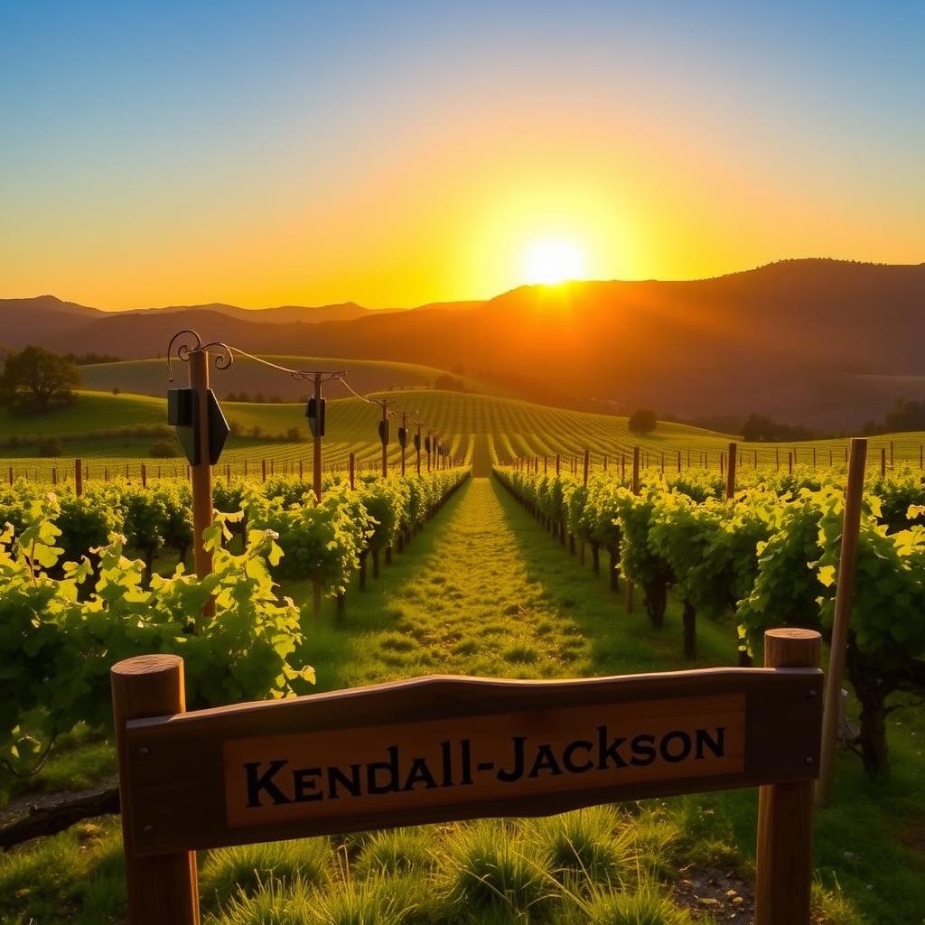 Sunrise over a lush vineyard in Lake County, California, with a Kendall-Jackson sign in the foreground.