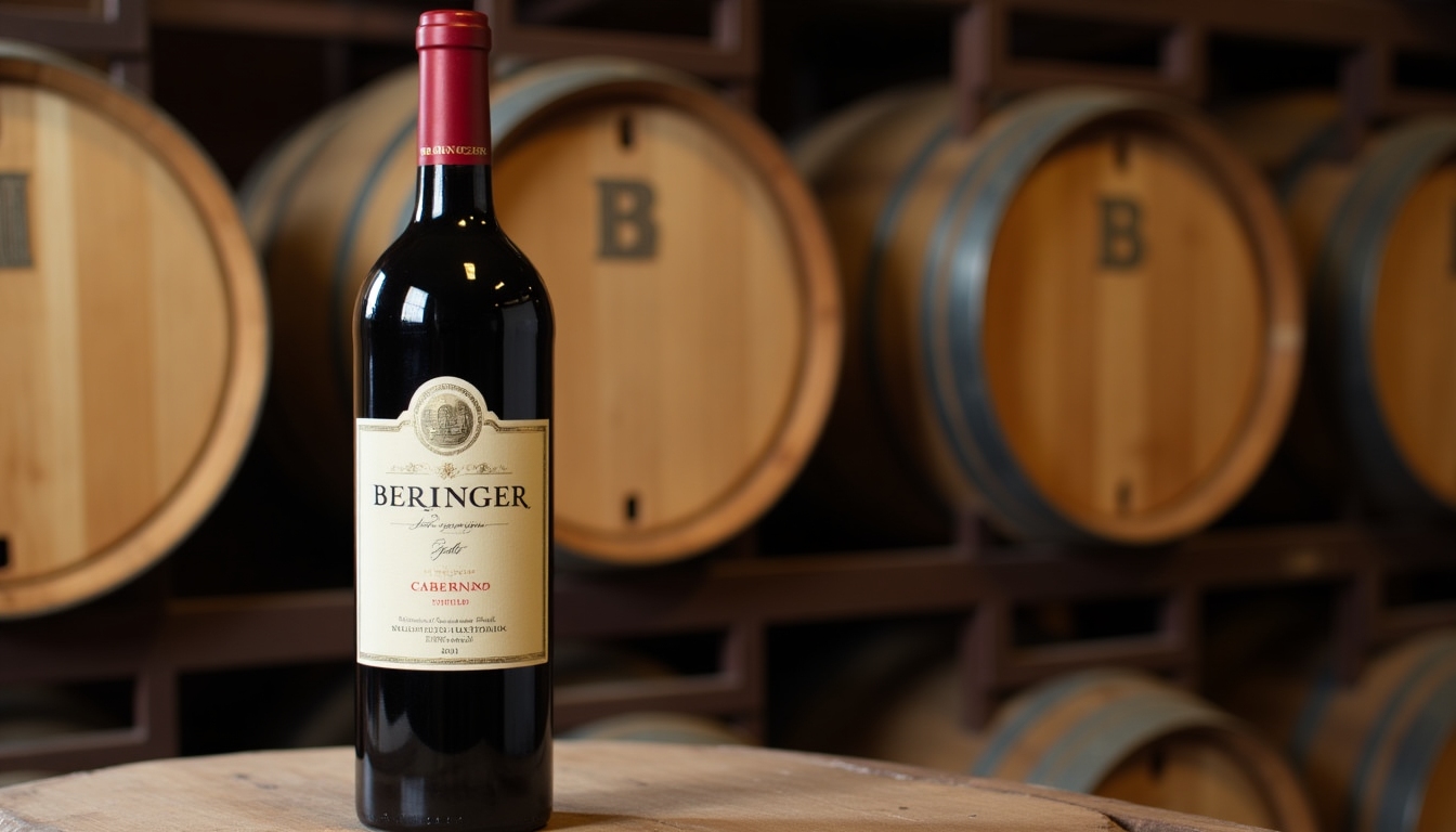 Close-up of a Beringer Cabernet Sauvignon bottle set against a backdrop of stacked wine barrels.