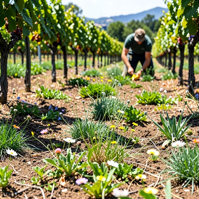 Close-up of cover crops and biodiversity in a sustainable Sonoma vineyard