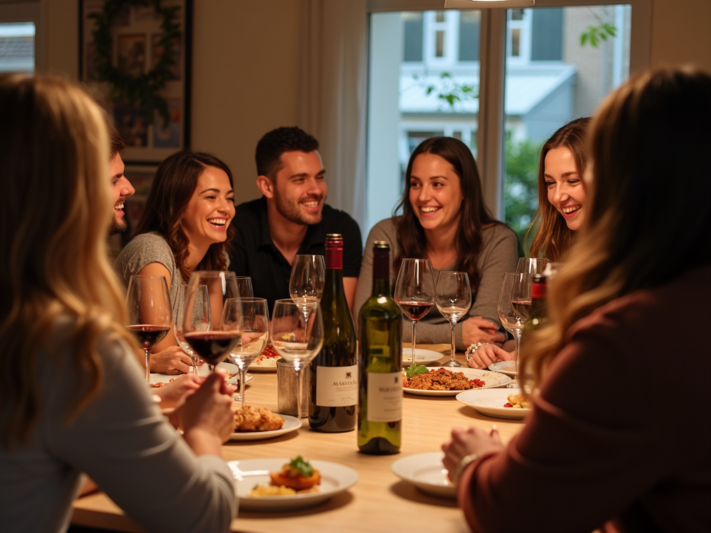 Friends enjoying a wine tasting party at home