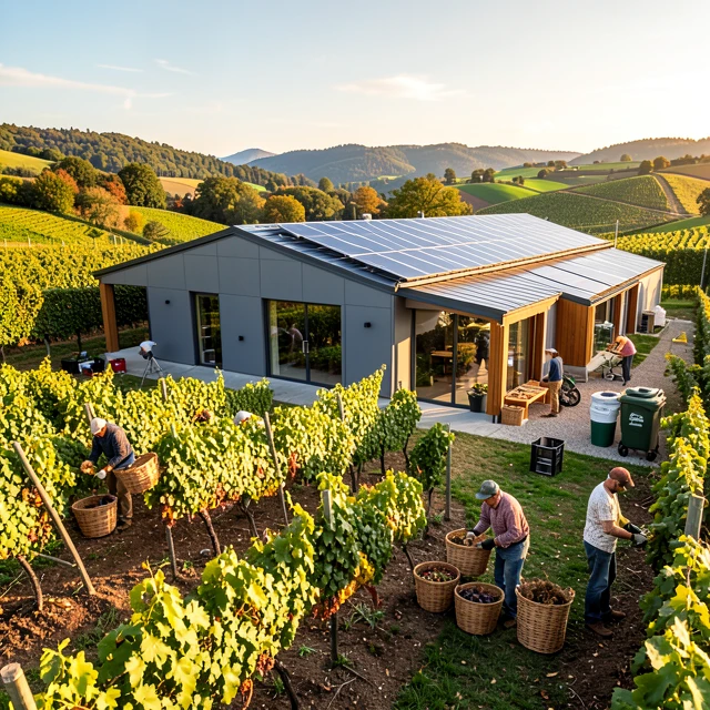 Sustainable winery with solar panels and hand harvesting