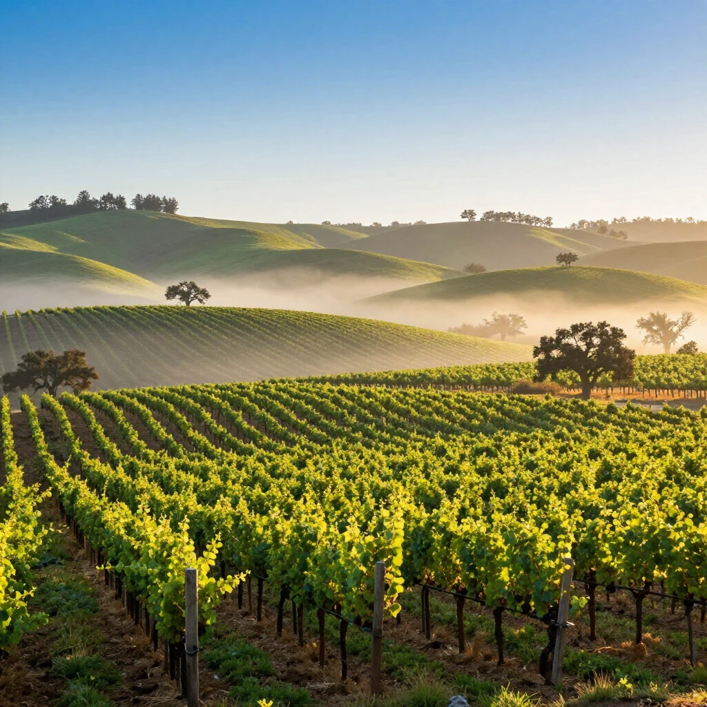 Sunrise over lush vineyards in Sonoma County with rolling hills and morning mist