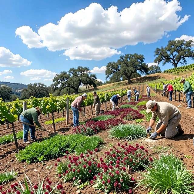 Workers planting cover crops in a sustainable vineyard to boost soil health