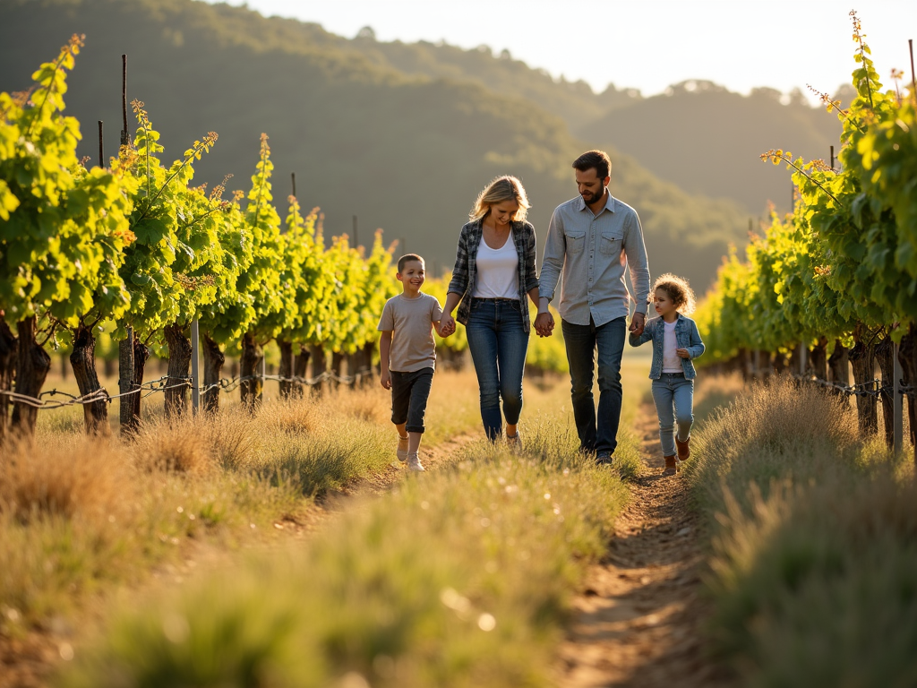 Family walking in Napa Valley vineyard