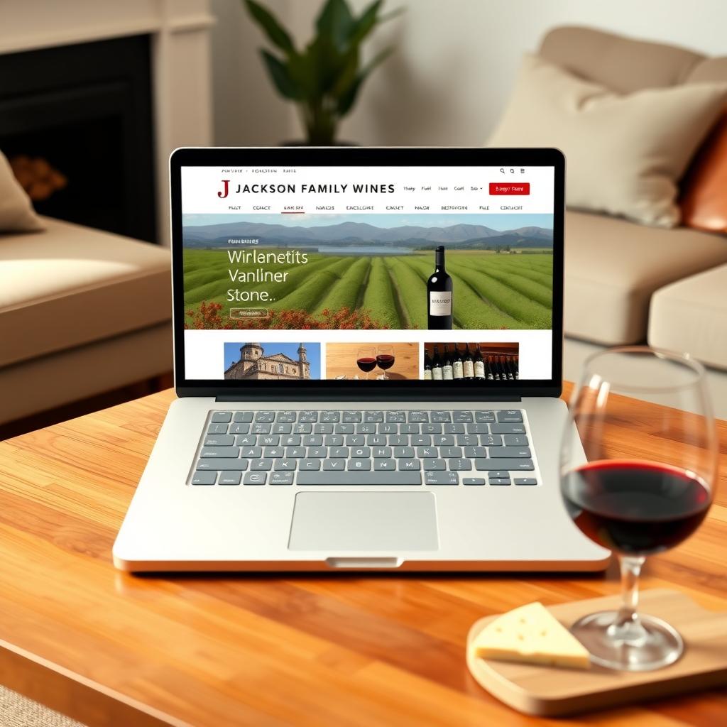 Laptop showing Jackson Family Wines online store with wine and cheese on a table