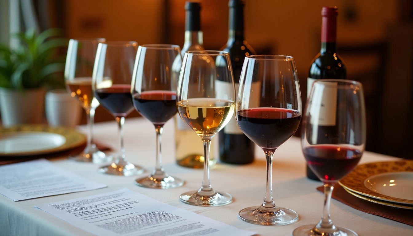 A wine tasting setup with different varietals, elegant glasses, and tasting notes on a wooden table.