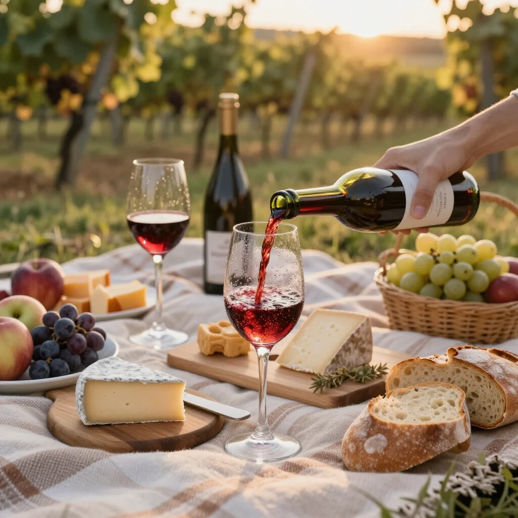 Picnic spread with wine and food pairings