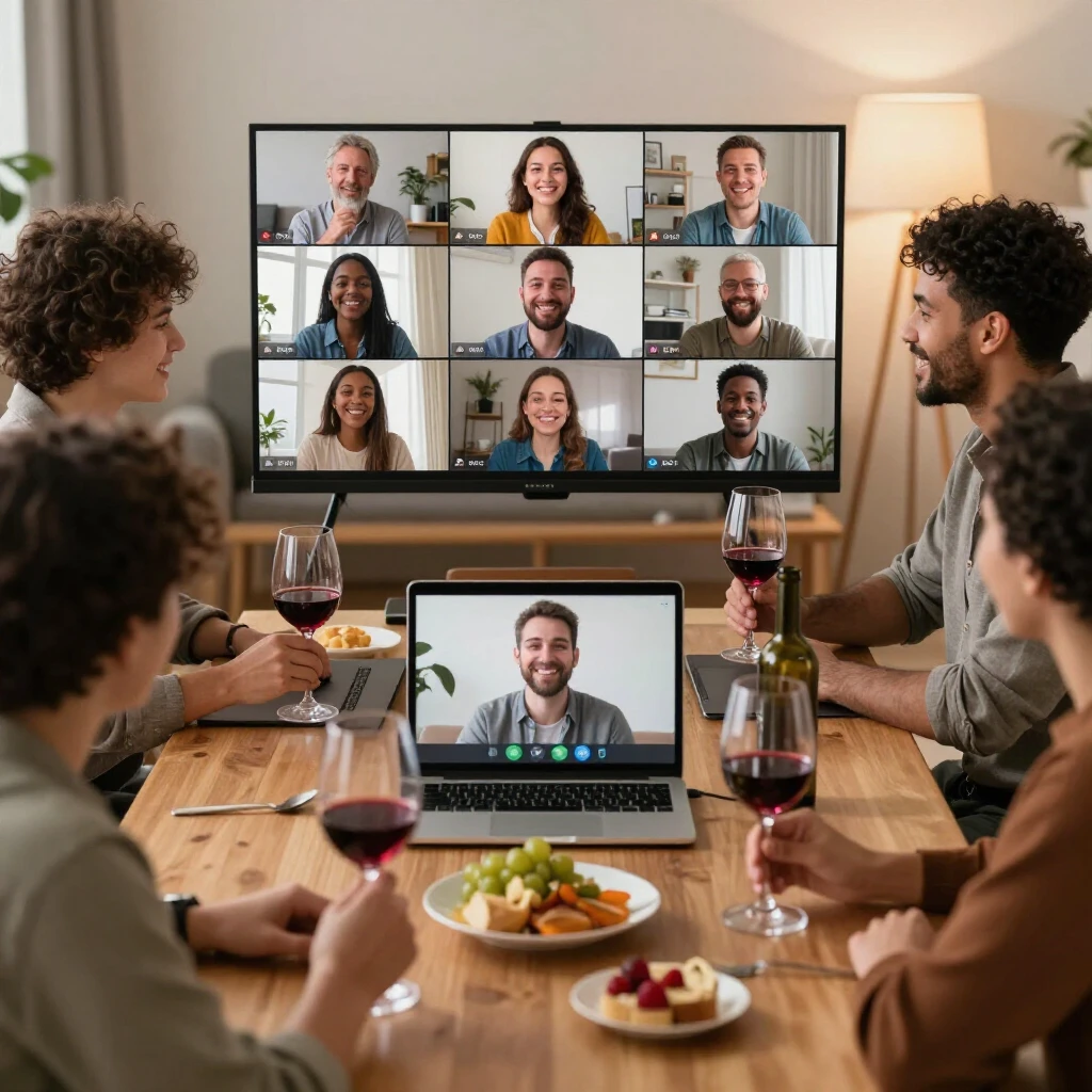 Friends enjoying a virtual wine tasting via video call