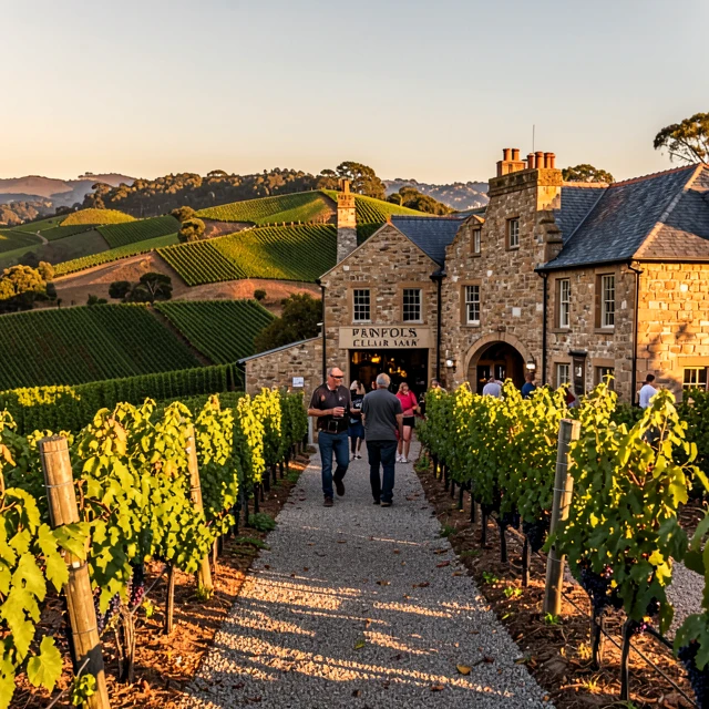 Penfolds Barossa Valley Cellar Door surrounded by lush vineyards at sunset