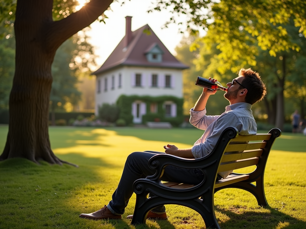 A visitor enjoying wine in Beringer’s gardens near the Rhine House.