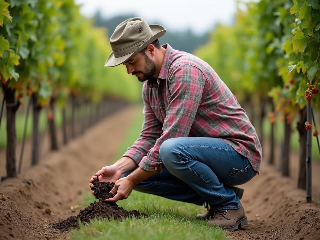 Winemaker connecting soil and grapes in the vineyard