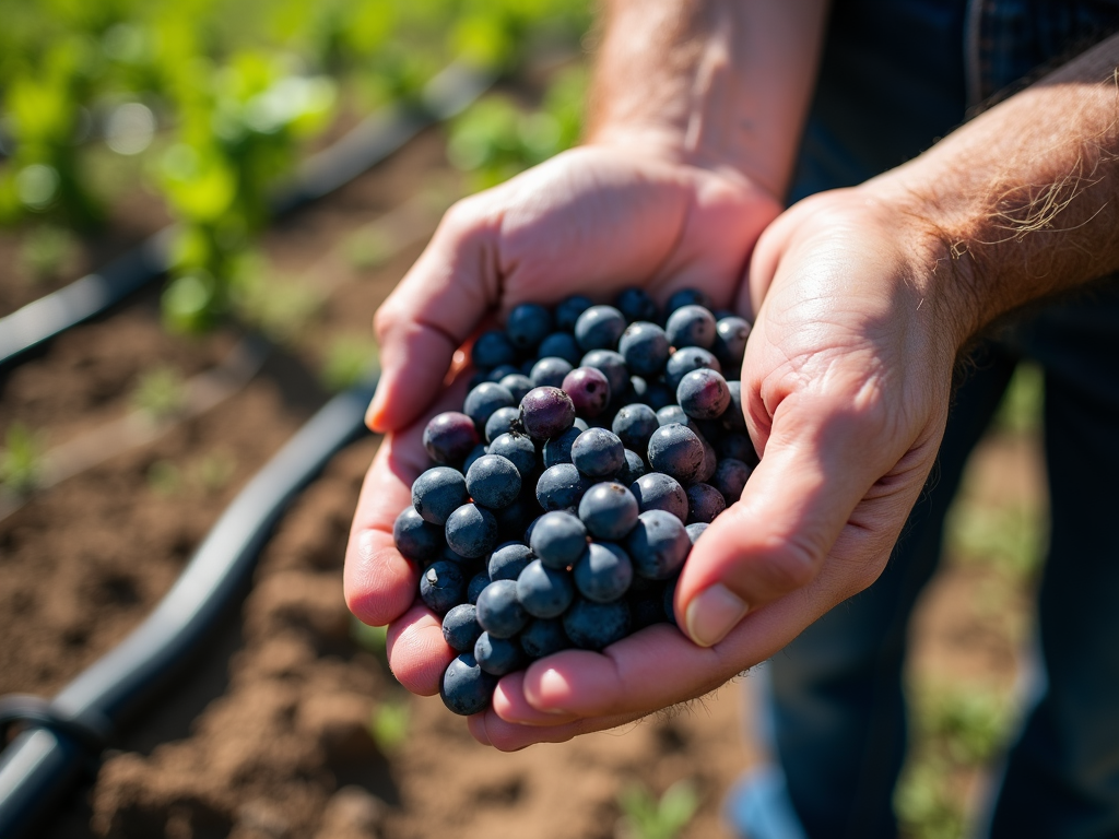 Vintner with grapes and drip irrigation