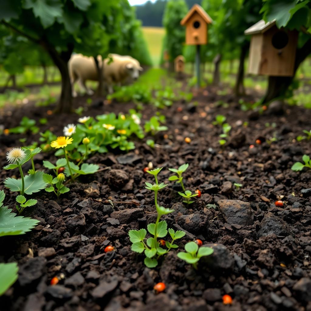 Close-up of organic vineyard floor with wildflowers, ladybugs, and sheep