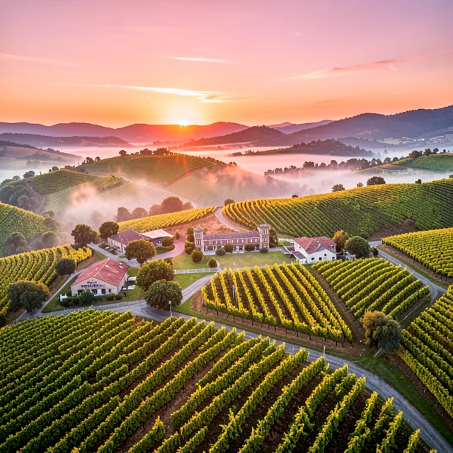 Aerial view of the stunning Barossa Valley vineyards and wineries at sunrise