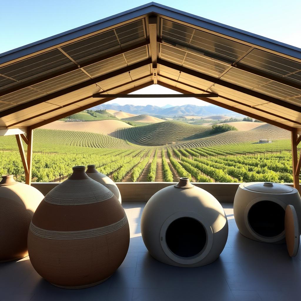 A sustainable winery with solar panels and eco-friendly fermentation vessels.