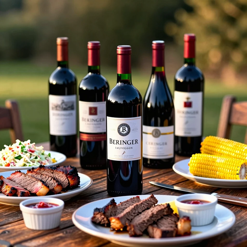 Beringer red wine bottles paired with assorted BBQ dishes on an outdoor table